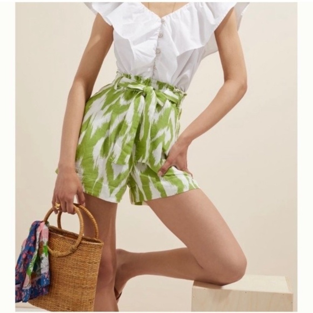 Anthropologie Maeve Green Ikat Paperbag Waist Linen Blend Shorts Women Large